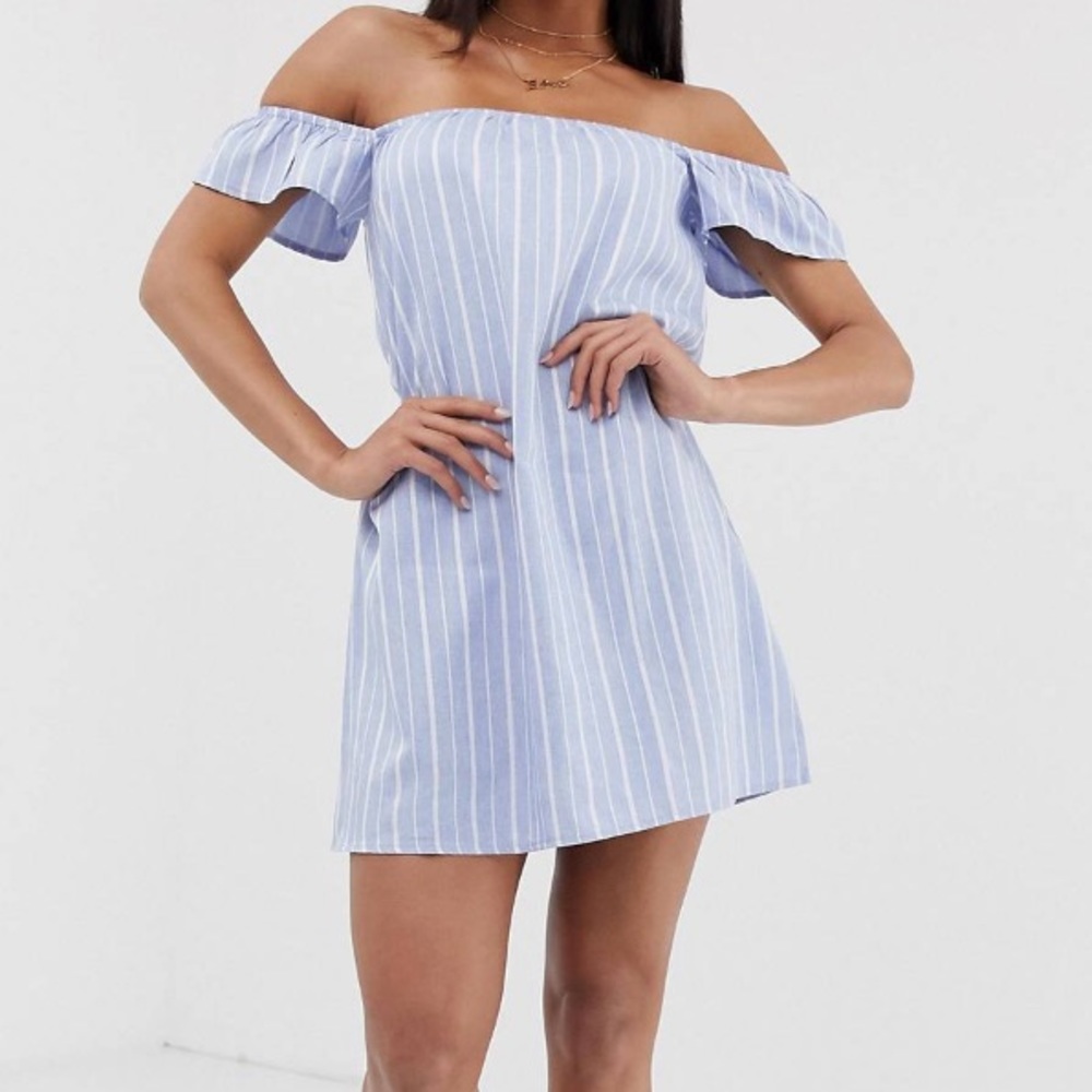 Misguided bardot mini dress in blue stripe